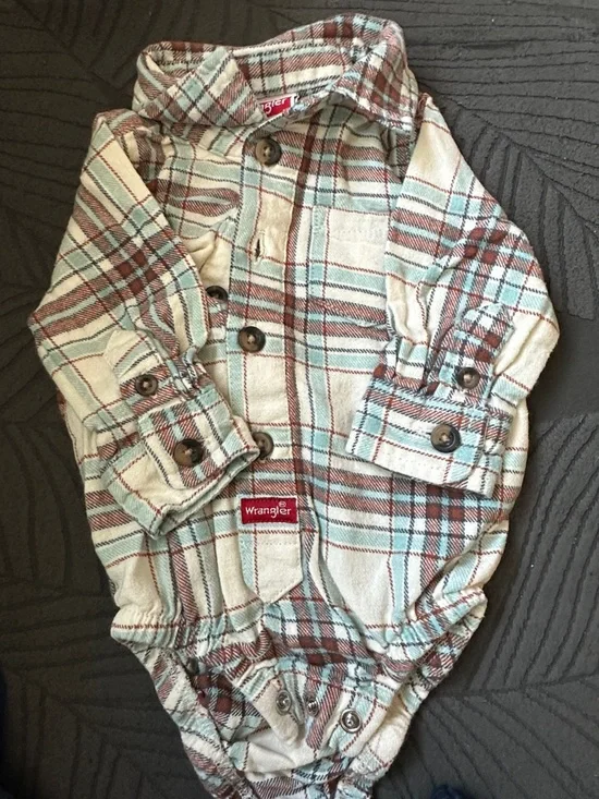 Wrangler Cream, Brown & Light Blue Plaid Onesie with Navy Shorts - Picture 2 of 3